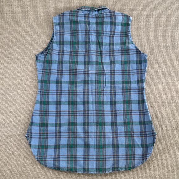Vintage 90s Outdoorsy button up sleeveless cotton plaid shirt Western Cowgirl M - Picture 2 of 6